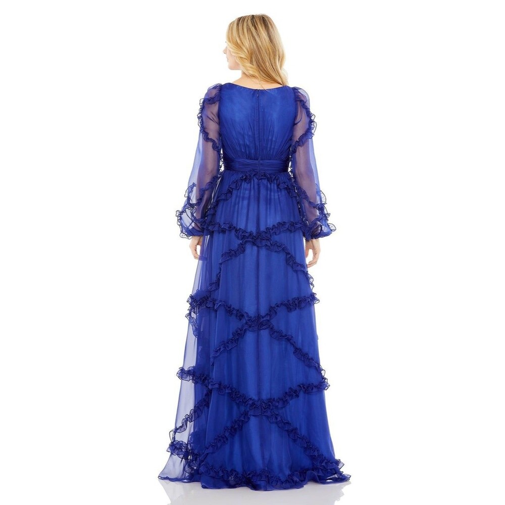 Mac Duggal Royal Blue Chiffon Maxi Dress Ruffle Long Sleeve V Neck 68223 Size 14 - Picture 2 of 5